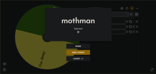 the result of the random wheel, mothman